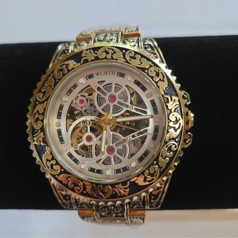NWOB WLISTH Automatic Skeleton Watch. Gold/Black,SS Case & Strap.